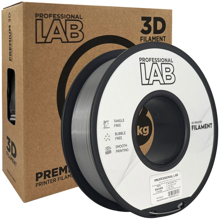 Rola filament, PETG Argintiu, 1kg, Professional Lab PETG Silver, diametru 1.75mm, compatibil cu majoritatea imprimantelor 3D FDM