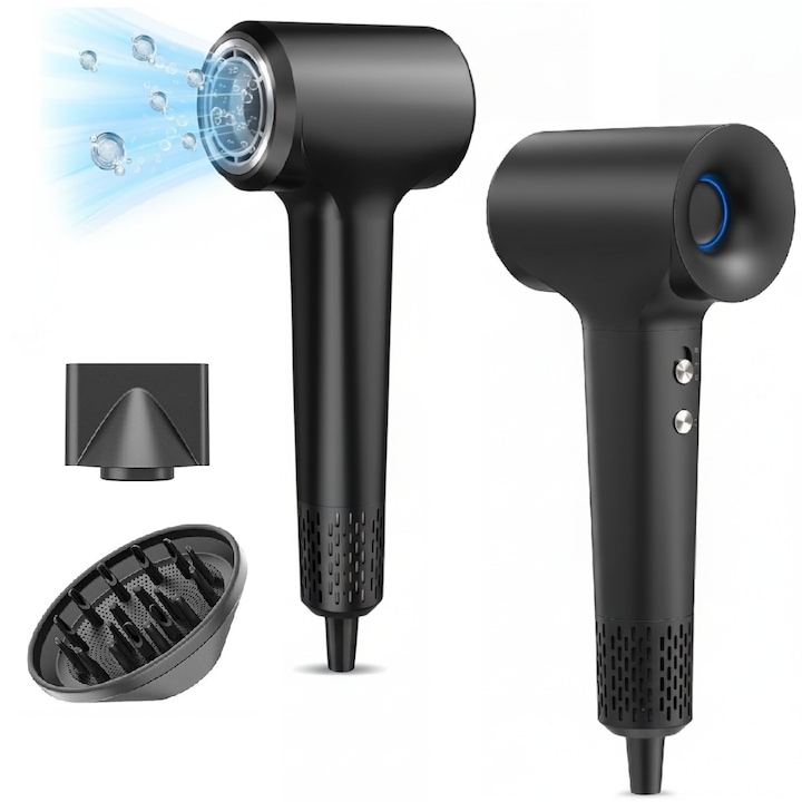 Професионален сешоар Velisse™ Air, мощен, 1500W, 110 000 RPM, обработка с отрицателни йони, 2 степени на скорост, 4 степени на температура, 3 вида LED осветление, бързо сушене, компактен дизайн, преносим, концентратор + дифузер 360°, сив