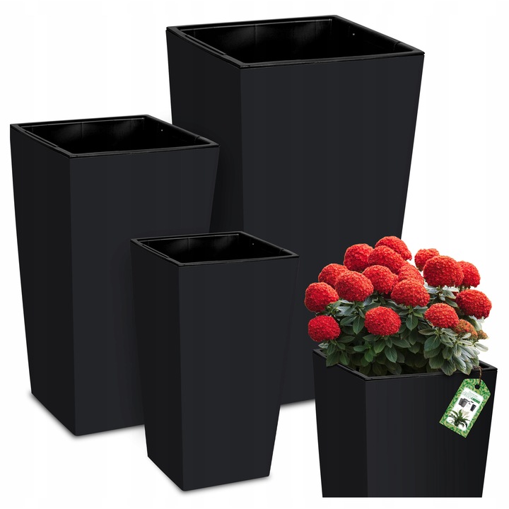 Комплект от 3 саксии Deco4Home, матов антрацит, с вътрешна подложка, 45x24см 50x26см 61x31.5см