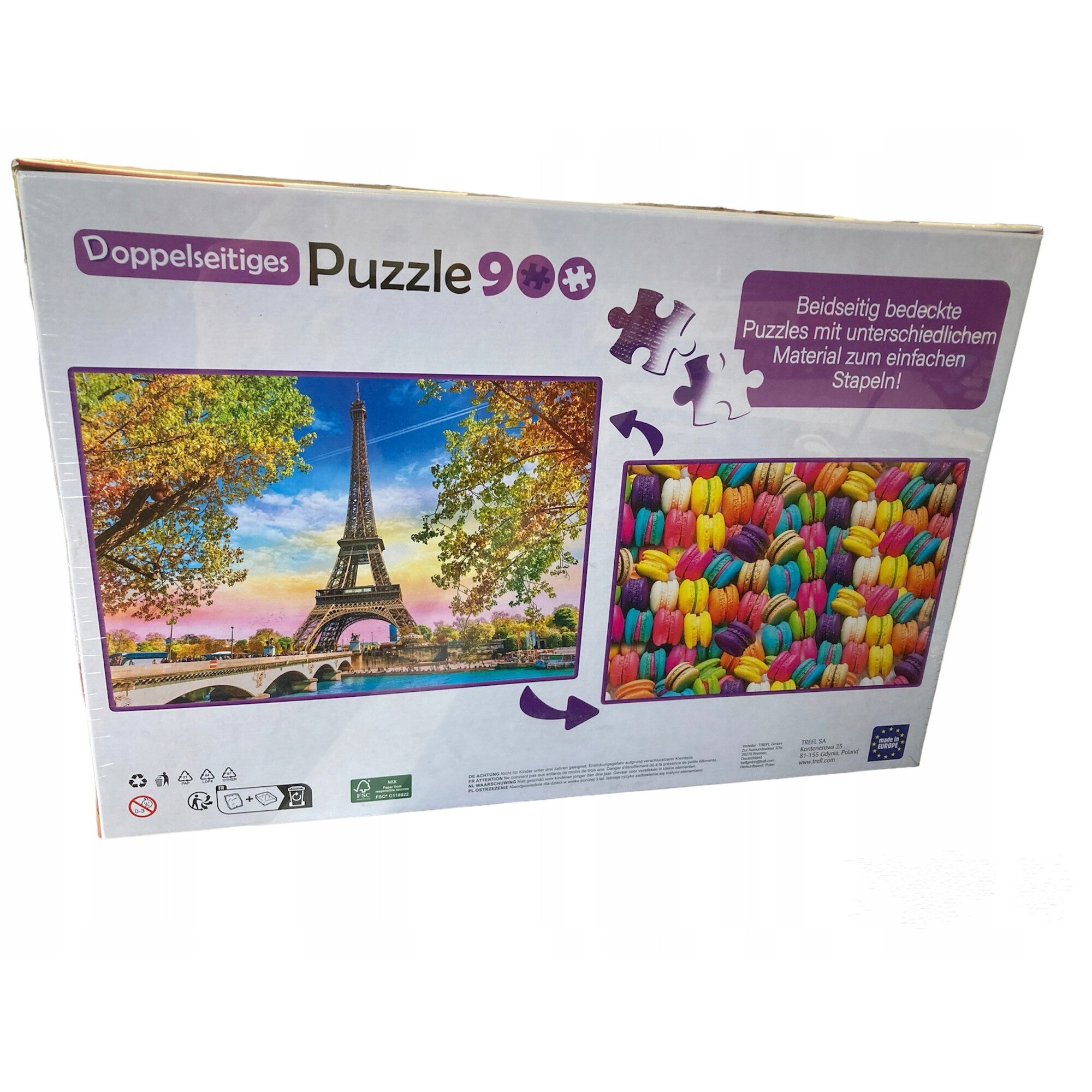 Puzzle 2in1 Trefl 900 piese: Turnul Eiffel / Macarons - eMAG.ro