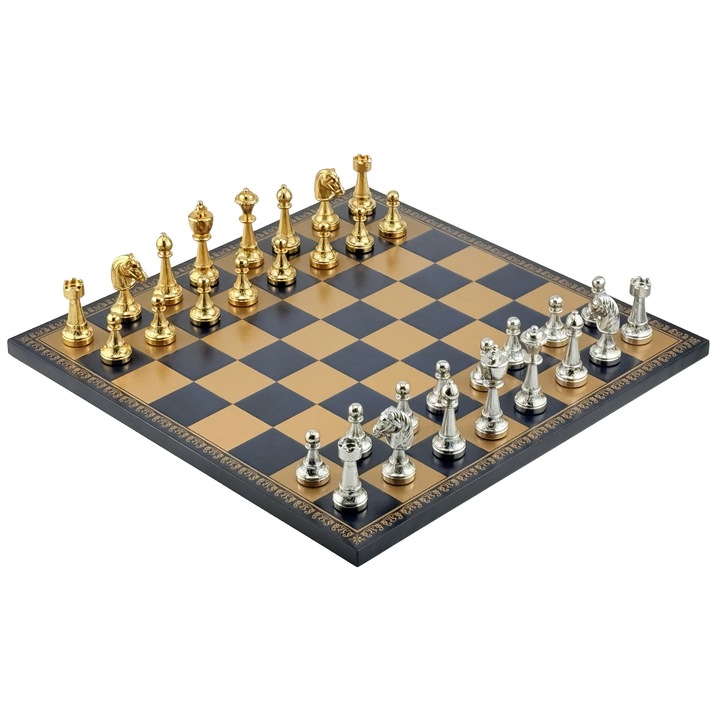 Комплект за шах Italfama Luxury Staunton, метални фигури с 24K златно и 925 сребърно покритие, дъска от еко кожа 40x40см, синьо/златно