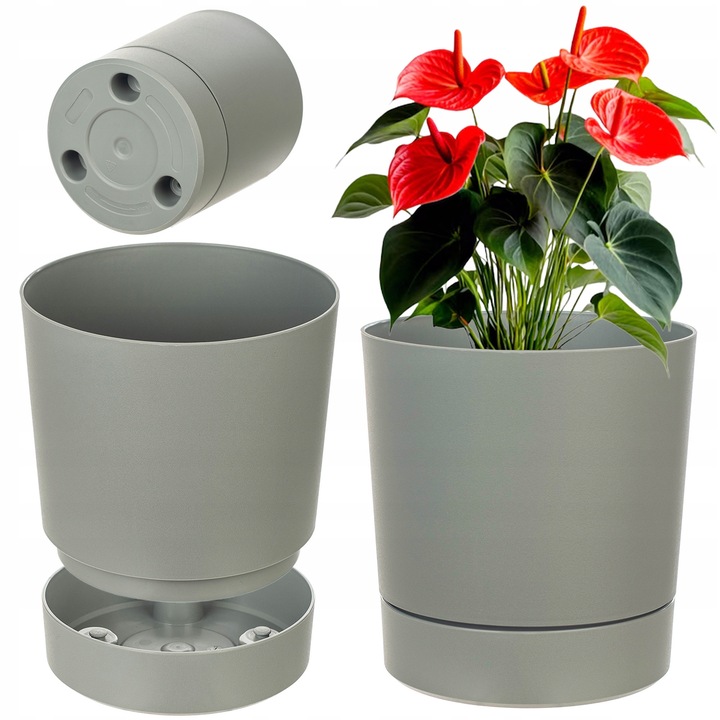 Ghiveci Rotund cu Suport, 34.5 cm, Plastic Gri, Kadax