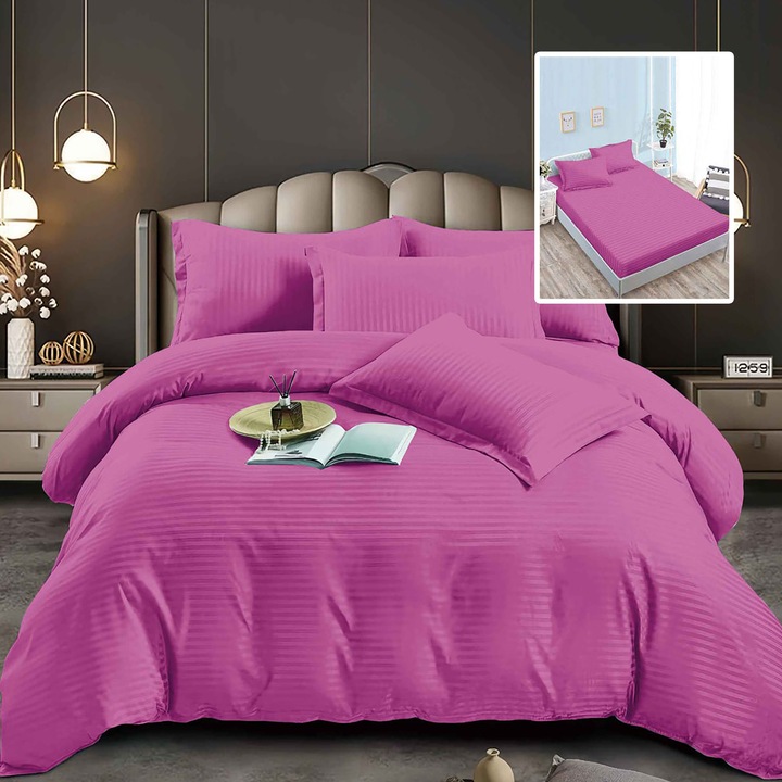 Lenjerie de pat damasc policoton Ralex Pucioasa, 6 piese, multicolor, 160x200x24cm și 180x200x24cm