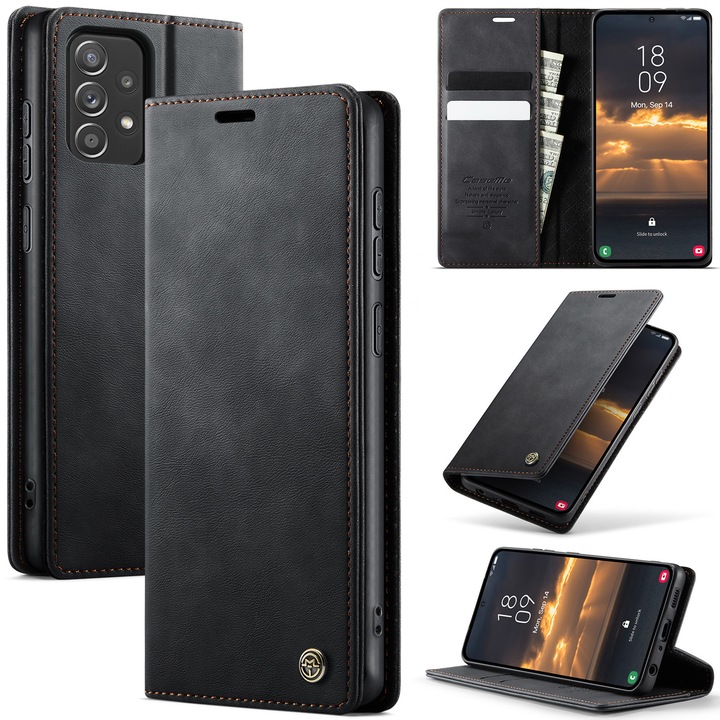 Husa pentru Samsung Galaxy A52 4G, A52 5G, A52s - Slim tip portofel, cu stand si inchidere magnetica – textura neteda, aderenta sigura, usor de curatat, design curat si minimalist, CaseMe, Negru carbon