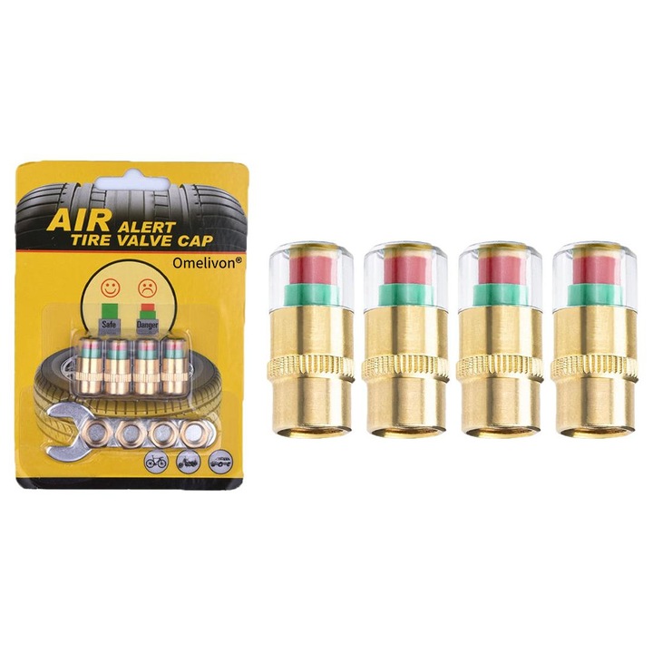 Set 4 capace pentru manometru de presiune a anvelopelor, Omelivon, cupru pur, indicator in 3 culori
