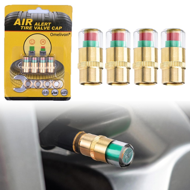 4 капачки за манометър за налягане в гумите, Omelivon®, чиста мед, капачки за клапани за наблюдение на налягането в гумите, 3-цветен индикатор за налягане в гумите, универсални капачки за манометър за налягане в гумите 36PSI