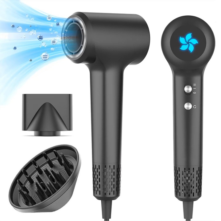 Професионален сешоар Velisse™, мощен, 1500W, 110.000 RPM, обработка с отрицателни йони, 2 степени на скорост, 4 степени на температура, 3 вида LED осветление, бързо сушене, компактен дизайн, преносим, концентратор + 360° магнитен дифузьор, сив