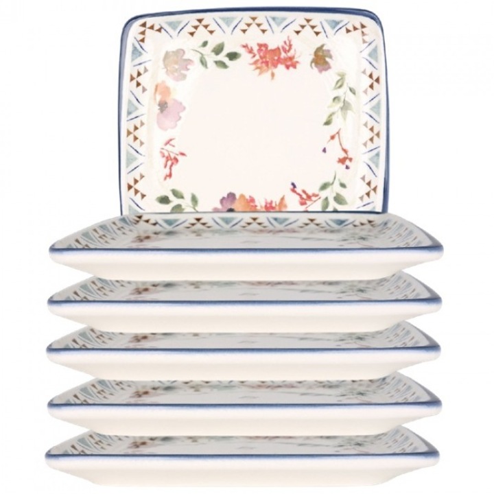 Bonna Spring Szett 6 db négyzet alakú porcelán tányér, 22x20cm