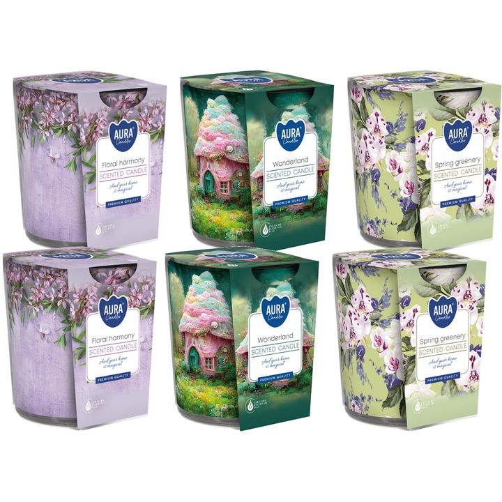 Комплект от 6 ароматизирани свещи BISPOL Aura 22H MIX, класически, различни мотиви, стъкло