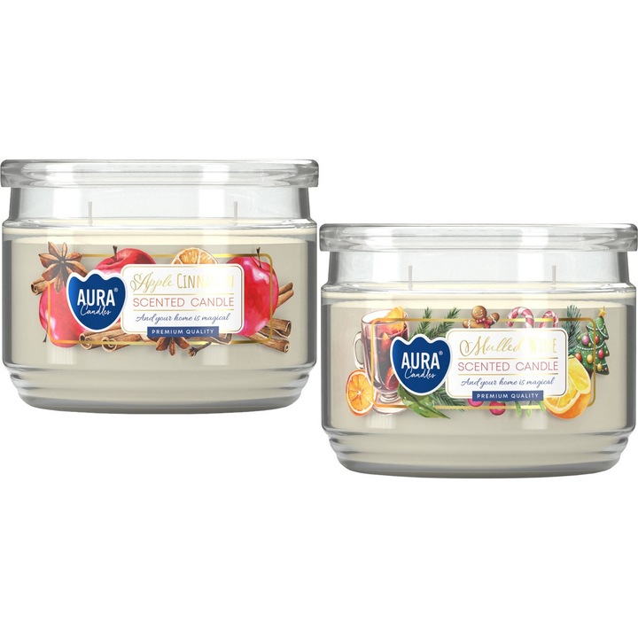 Комплект от 2 ароматизирани свещи в стъкло с капак BISPOL Aura 30H, микс аромати, класически