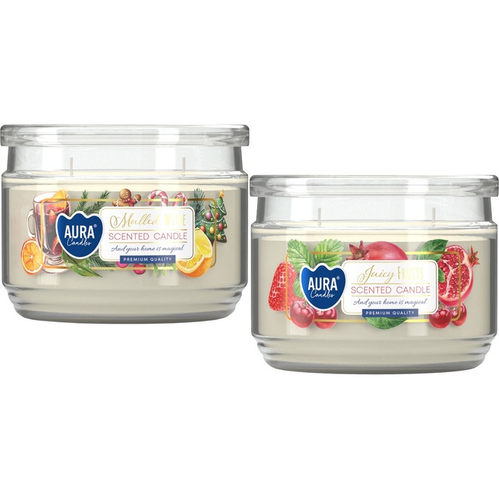 Комплект 2 ароматизирани свещи в стъкло с капак BISPOL Aura 30H, микс аромати, 30 часа горене