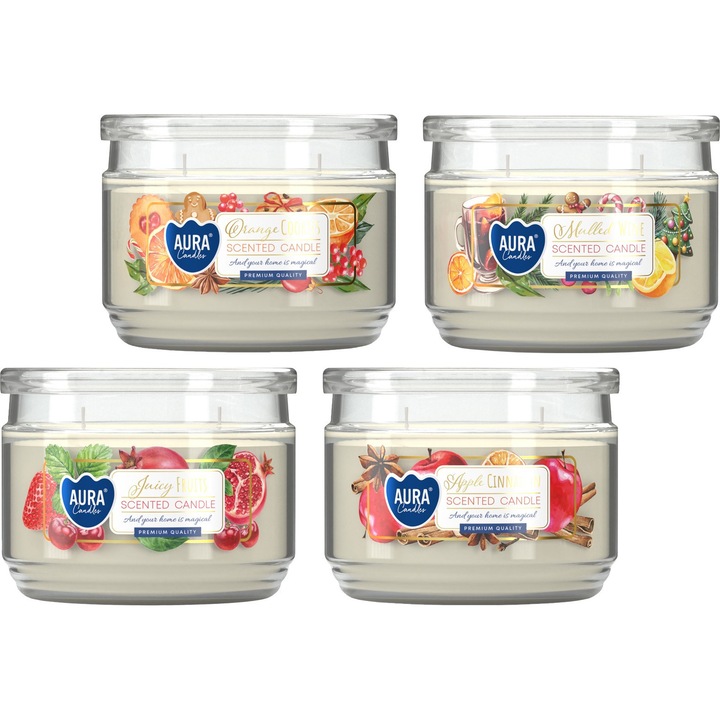 Комплект от 4 ароматизирани свещи в стъкло с капак BISPOL Aura 30H, микс от аромати, 30 часа горене