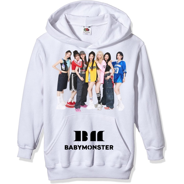 Hanorac personalizat babymonster trupa kpop, Unisex, Alb, XS