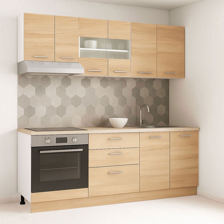 Set mobilier bucatarie cu soft-close, BadenMob Germania, 200cm, corpuri inalte, blat gros, corp cuptor, 3 sertare, Sonoma