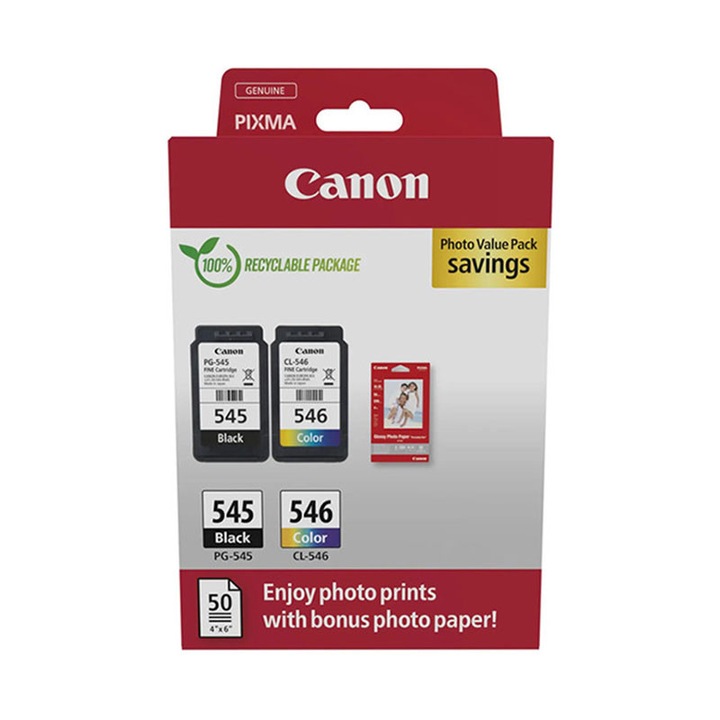 Canon Eredeti tintasugaras nyomtató patron és fotópapír csomag, 1xPG-545, 1xCL-546, kompatibilis Canon PIXMA IP 2850, MG 2450, MG 2550, MG 2555, MG 2950, MG 2950S, MG 3050, MG 3051 WHITE, MG 3052, MG 3053, MX 495, TR 4550 modellekkel