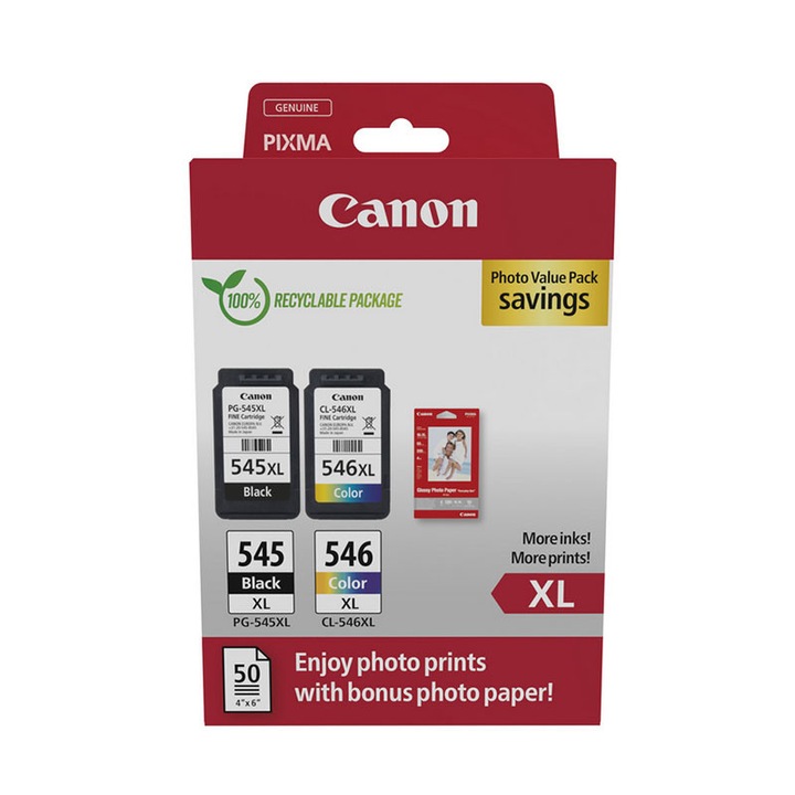 Pachet Cartuse Cerneala Inkjet si Hartie Foto Original Enterprise, Canon, Canon OEM 1xPG-545XL, 1xCL-546XL, Photo Paper Ink Pack, Compatibil cu Canon PIXMA MG 2450, MG 2550, MG 3051 WHITE, TR 4550, TR 4651, TS 3150, TS 3350, TS 3450