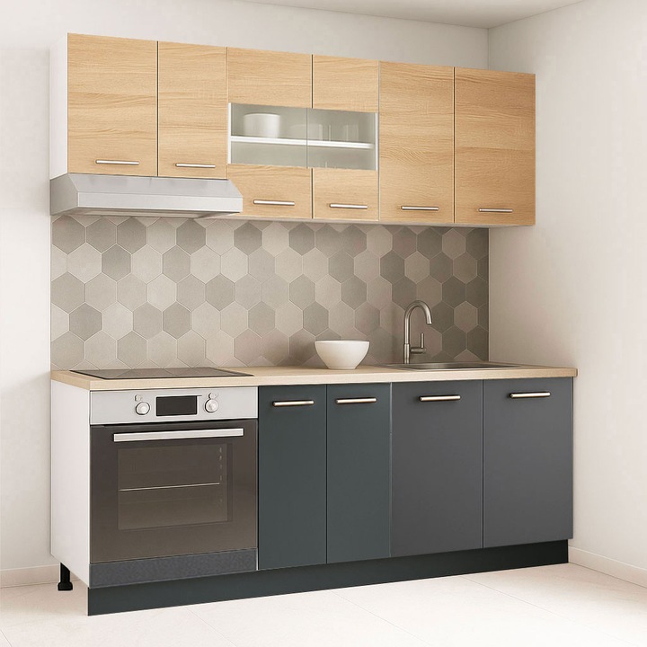 Set mobilier bucatarie cu soft-close, BadenMob Germania, 200cm, corpuri inalte, blat gros, corp cuptor, Antracit/Sonoma