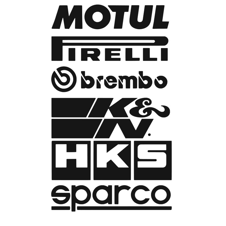 Set 6 stickere auto cu sponsori, Motul, Pirelli, Brembi, K&N, HKS, Sparco, 35cm, negru