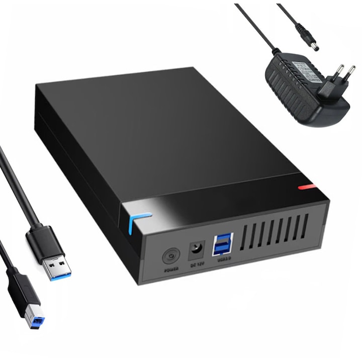 Carcasa hard disk extern, AjieQaQ, 3.5 inch, 10TB, USB 3.0, SATA, pentru backup date, storage extensibil, plug and play, compatibil PC/TV/consola, alimentare priza, negru