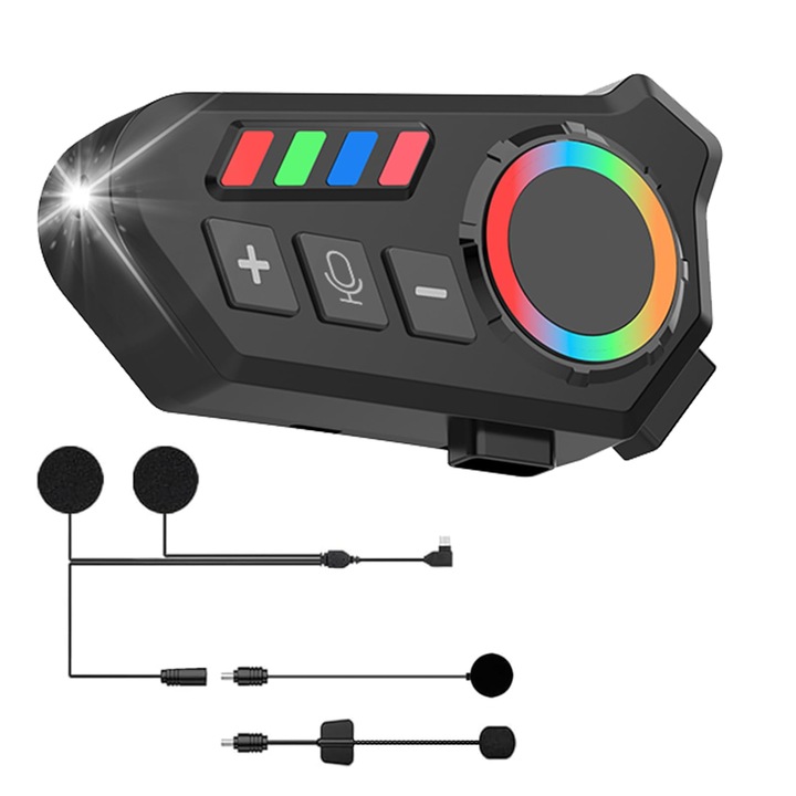 Sistem De Comunicare Pentru Motociclete, Microfon tip Button inclus, Moto Intercom, Bluetooth 5.4, Reducere Inteligenta a Zgomotului, Waterproof, Pentru motociclete, schi/ciclism, OUYLAF, Negru