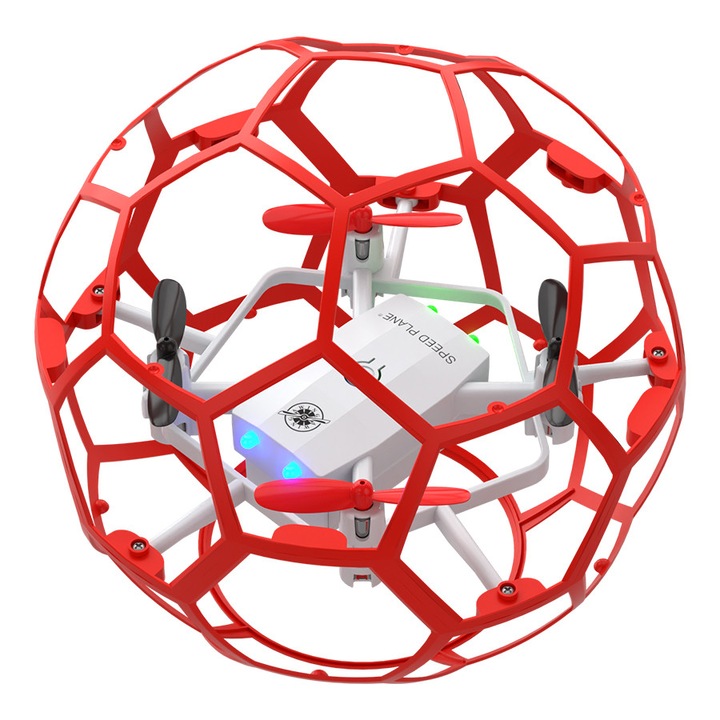 Minge zburatoare, jucarie interactiva, lumina de noapte LED multicolora, 360, rotatie, senzor inteligent, mentine planarea, tip OZN/drona, rezistenta la socuri si caderi, decolare/aterizare cu un singur clic, rosie