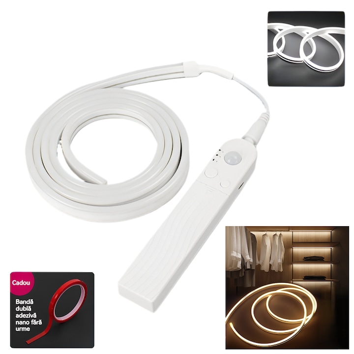 LED Неонова Лента със Сензор за Движение, 3м, студено бяла – USB/Захранване от Батерии, Сензор за Светлина и 3 Режима на Осветление