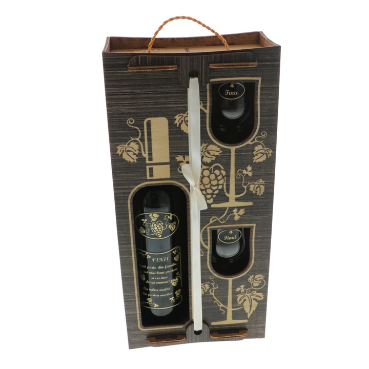 Set cadou personalizat – FINI - sticla de vin rosu cu 2 pahare in cutie de lemn 38x18x9, 5cm