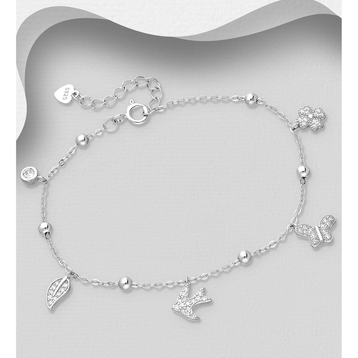 Bratara ajustabila argint fluture, randunica, floare, frunza