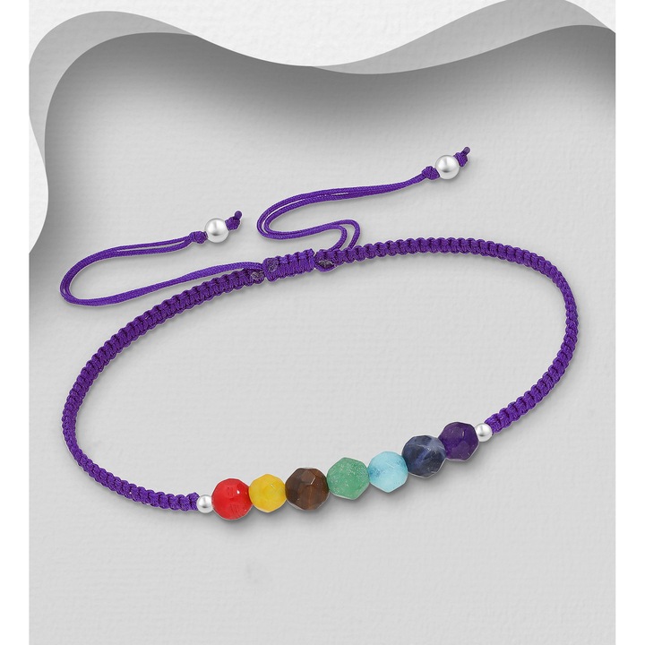 Bratara CHAKRA cu snur violet si bilute din argint