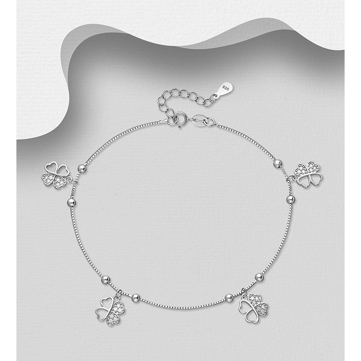 Bratara cu trifoi, cristale si bilute din argint pentru glezna
