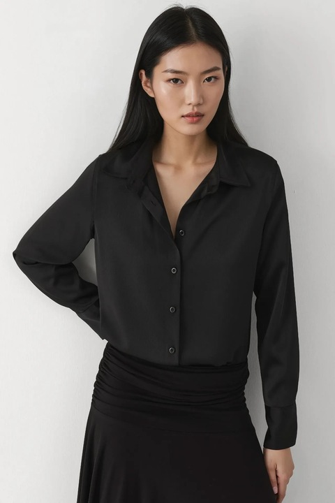 Camasa dama, HiCCUP, camasa satin cu maneca lunga, negru, textil