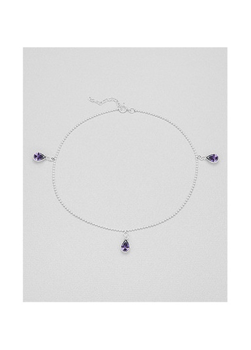 Bratara din argint pentru glezna cu cristale violet in forma de lacrima