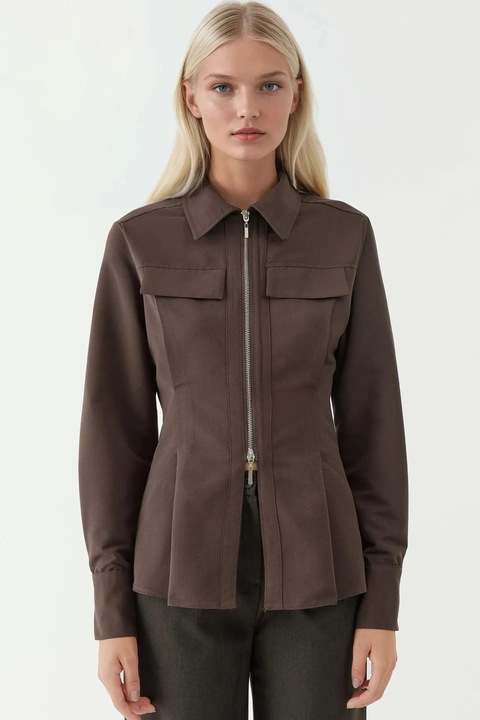 Camasa dama, HiCCUP, mulata cu maneca lunga, detaliu cu fermoar, maro cafeniu, textil