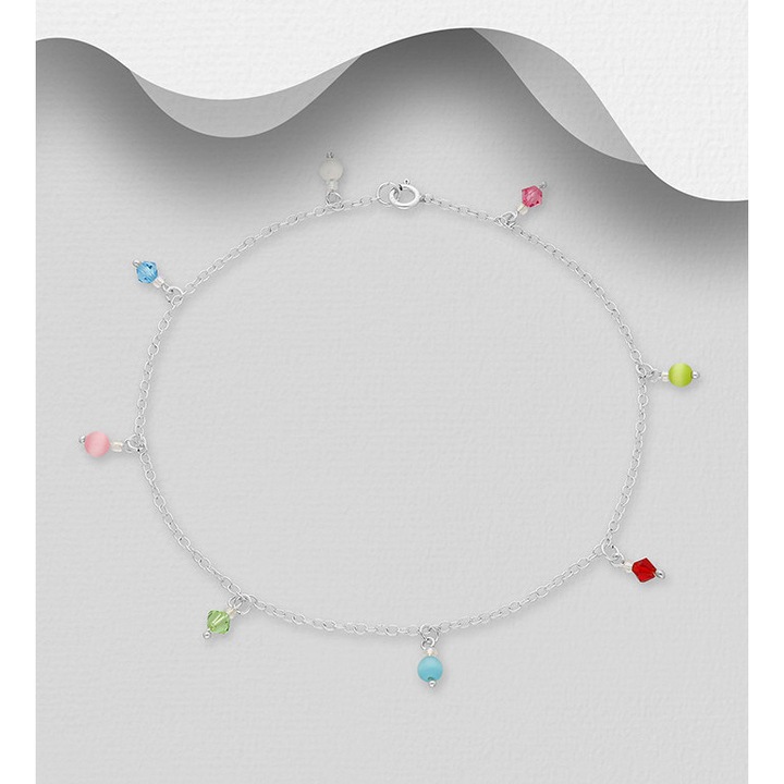 Bratara din argint pentru glezna cu cristale si pietre semipretioase colorate