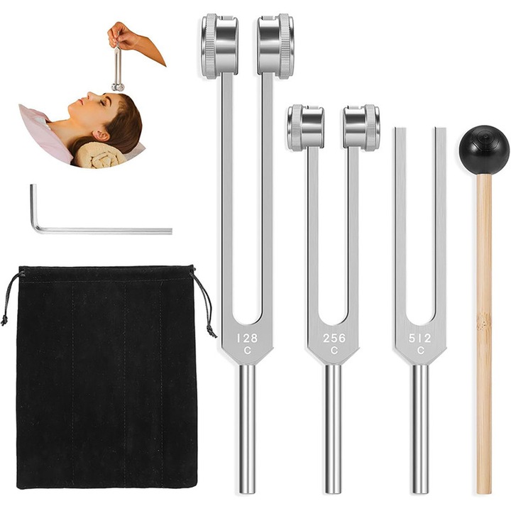 Set diapazoane de acord, Rqiurpn, set de diapazoane cu greutate si fara greutate, cu ciocan reflex pentru vindecarea chakrelor, yoga esentiala, terapie prin sunet/vindecare, 128 Hz, 256 Hz, 512 Hz