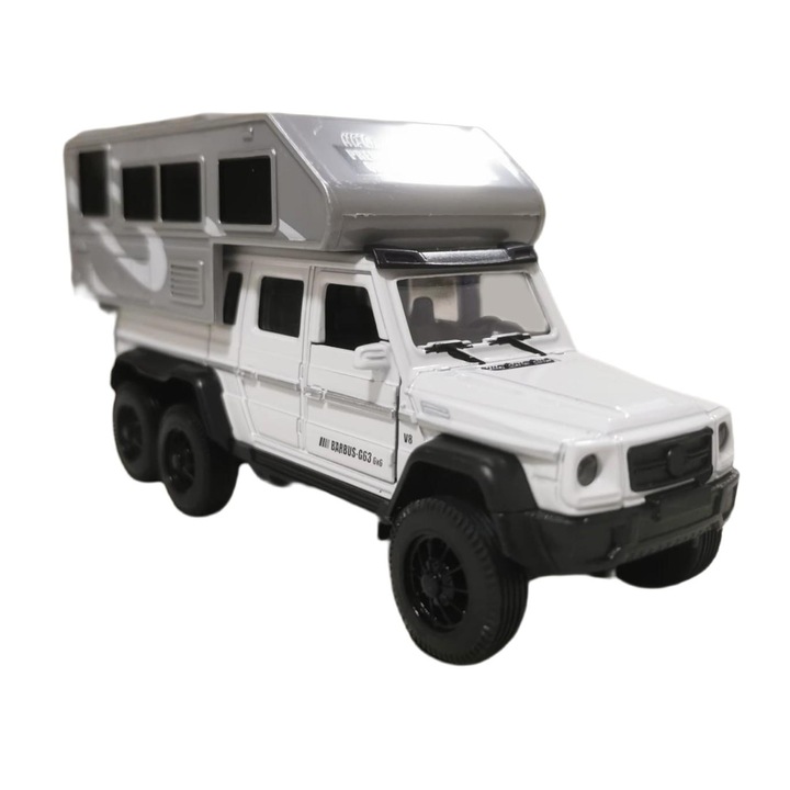 Masinuta metalica Jeep cu rulota, alb, 15 cm, crem, cu lumini, se deschid usile, pull-back, Vision XXI