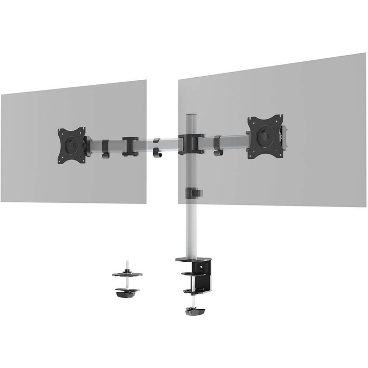 Suport monitor Durable pentru 2 monitoare, argintiu, rotativ 360°, reglabil pe înălțime, 27"