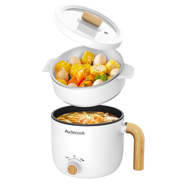 Audecook elektromos párolóedény, hordozható multifunkcionális főzőkészülék, 1,5 L, fehér