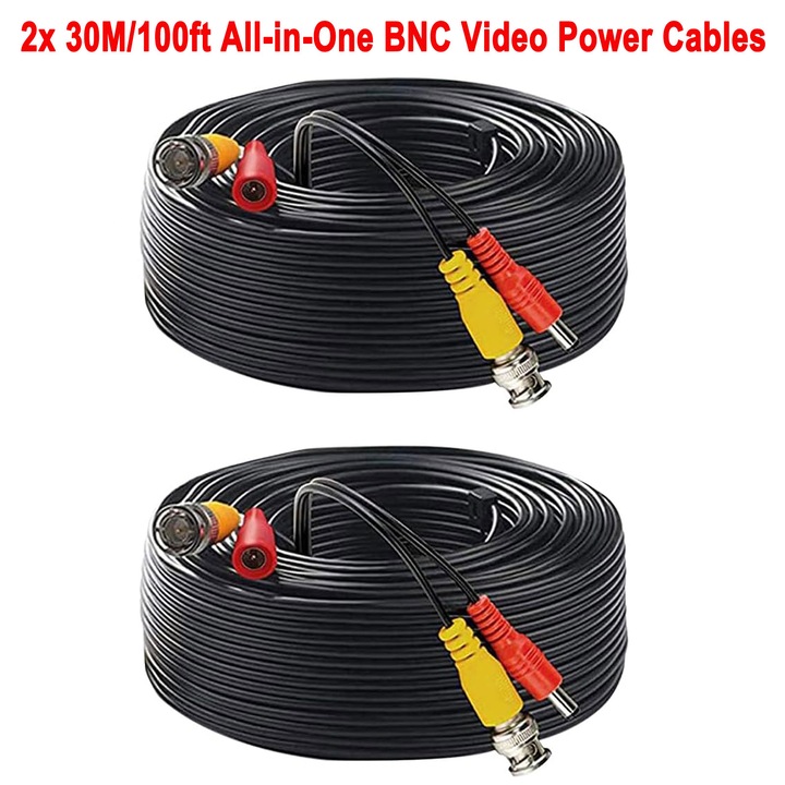 Кабел 2 в 1 видео и захранване, 30м, комплект 2 броя, DC захранващ кабел за BNC видео, удължителен кабел за DVR на CCTV охранителна камера, черен