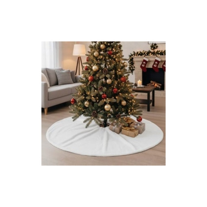 Covoraș fustă decorativ pentru brad de Crăciun, alb din blană artificială, 90 cm, pufos