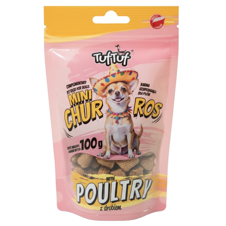 Biscuiti pentru caini TufTuf Mini Churros cu carne de pasare, 100g, fara conservanti artificiali, gust intens