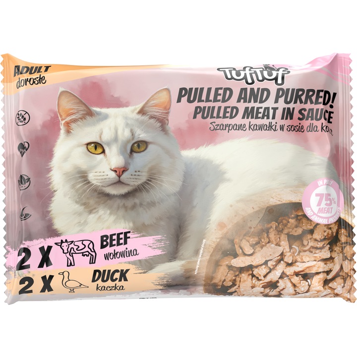 Hrana pentru pisici, TufTuf, bucati sfasiate in sos, 2x vita, 2x rata, 4x85g