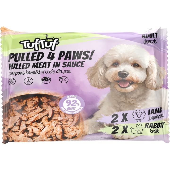 Hrana umeda pentru caini TufTuf, set 4x 100g, bucati in sos, miel si iepure, fara cereale