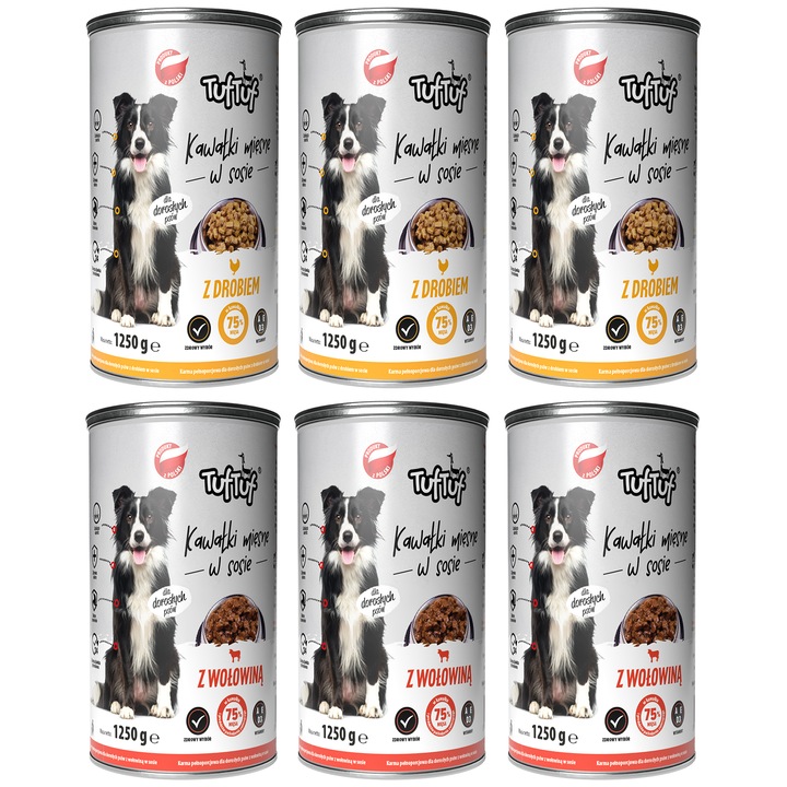 Hrana umeda pentru caini TufTuf, set 6x1250g, pui si vita