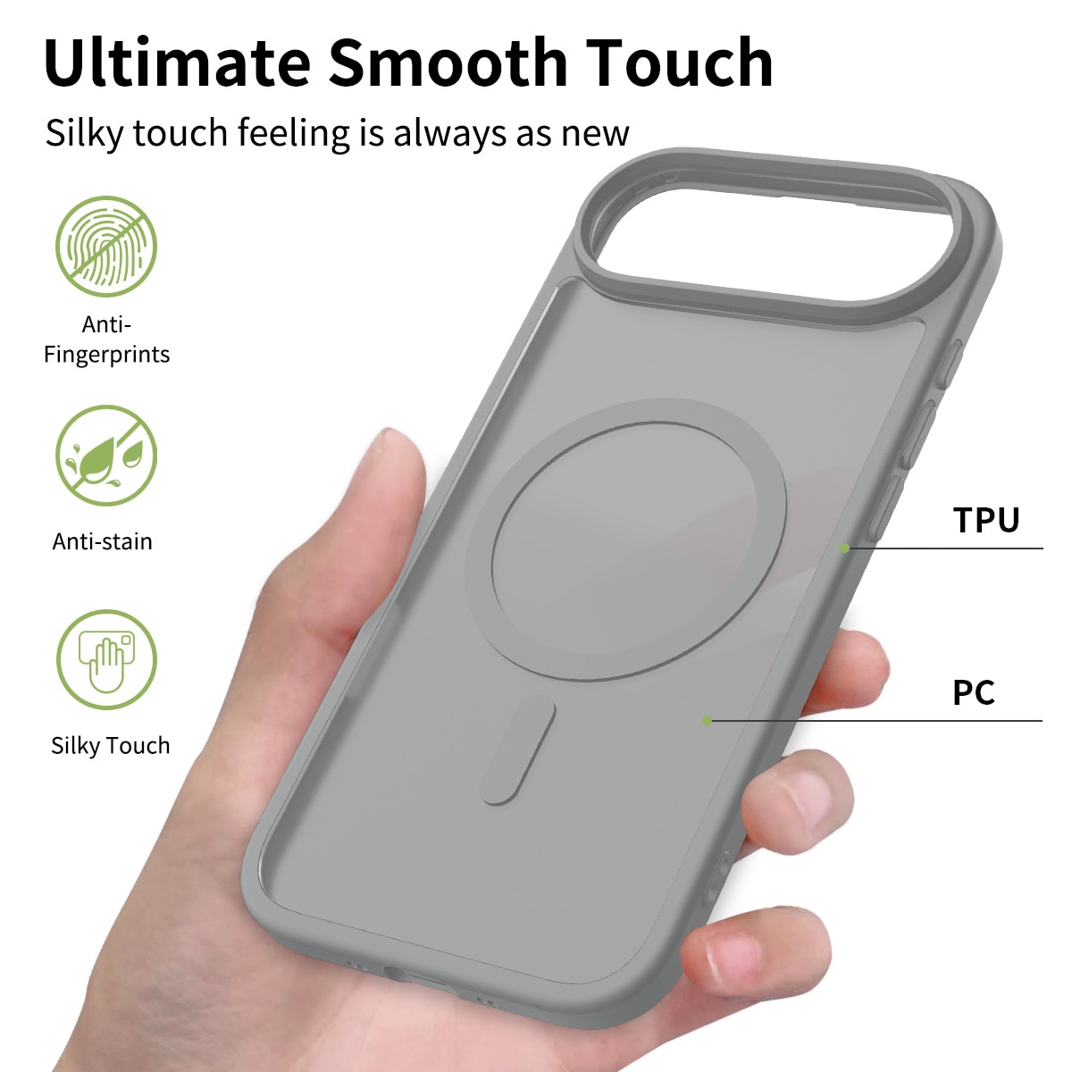 Husa de protectie pentru iPhone 17 Air, Omelivon, MagSafe, Incarcare Wireless, Antisoc, Margini Ridicate pentru Protectia Ecranului si a Camerelor, Gri inchis