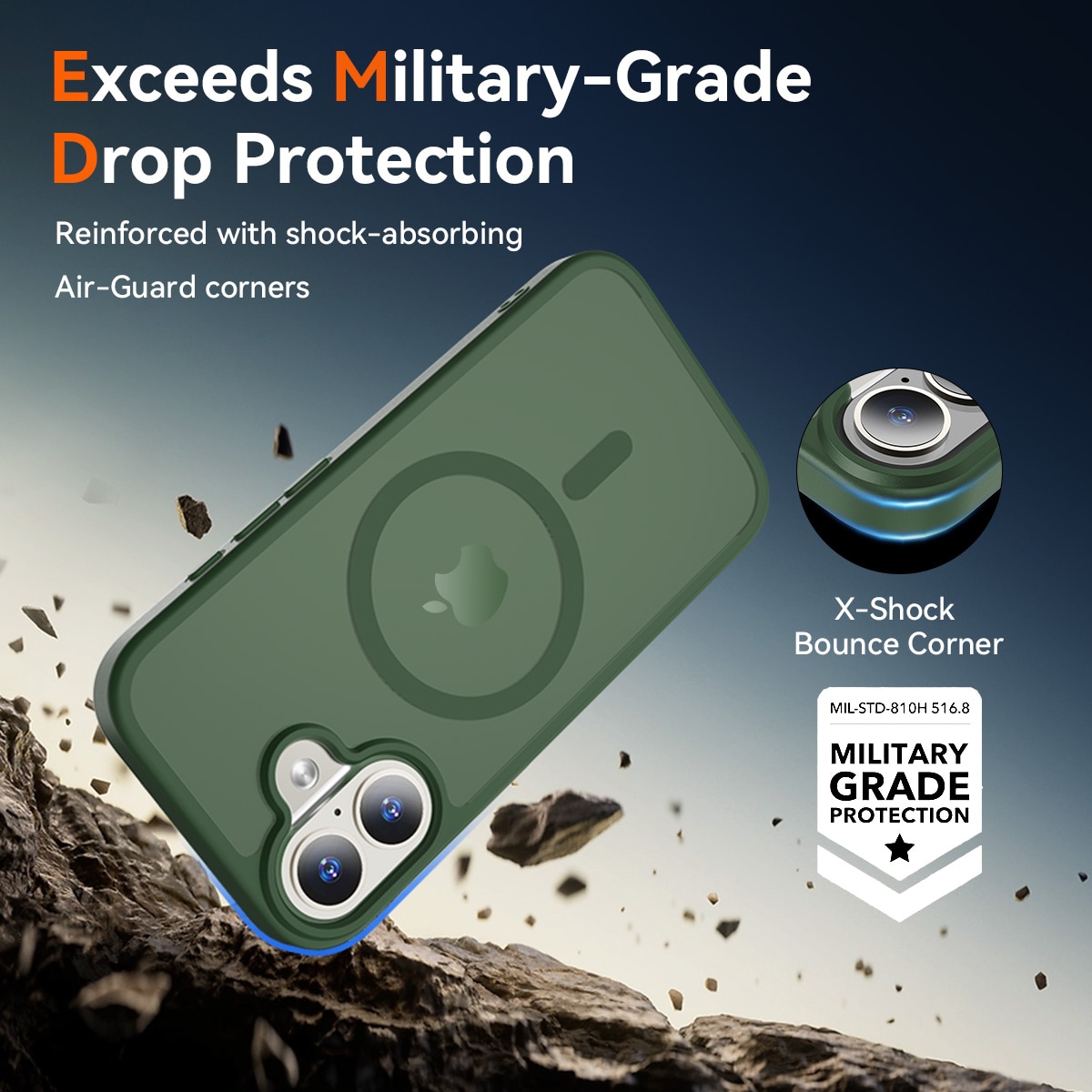 Husa de protectie pentru iPhone 17, Omelivon, MagSafe, Incarcare Wireless, Antisoc, Margini Ridicate pentru Protectia Ecranului si a Camerelor, Verde