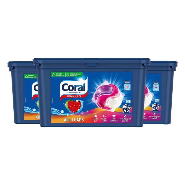 Coral All-In-1 mosószer kapszula, 3 db-os szett, 45 mosás, színes ruhákhoz