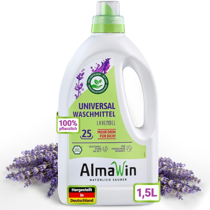 AlmaWin folyékony univerzális mosószer, 1,5L, levendula illatú, fehér és színes ruhákhoz, 25 mosás