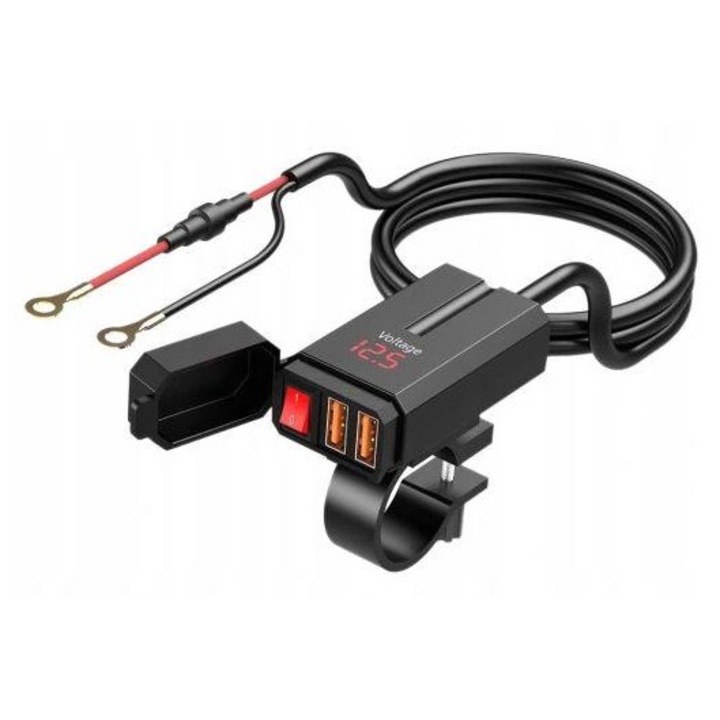 Kettős USB Motorkerékpár Töltő, 12V Gyors Töltés, Vízálló Digitális Feszültségkijelzővel, Automatikus Beállítás Tartozék