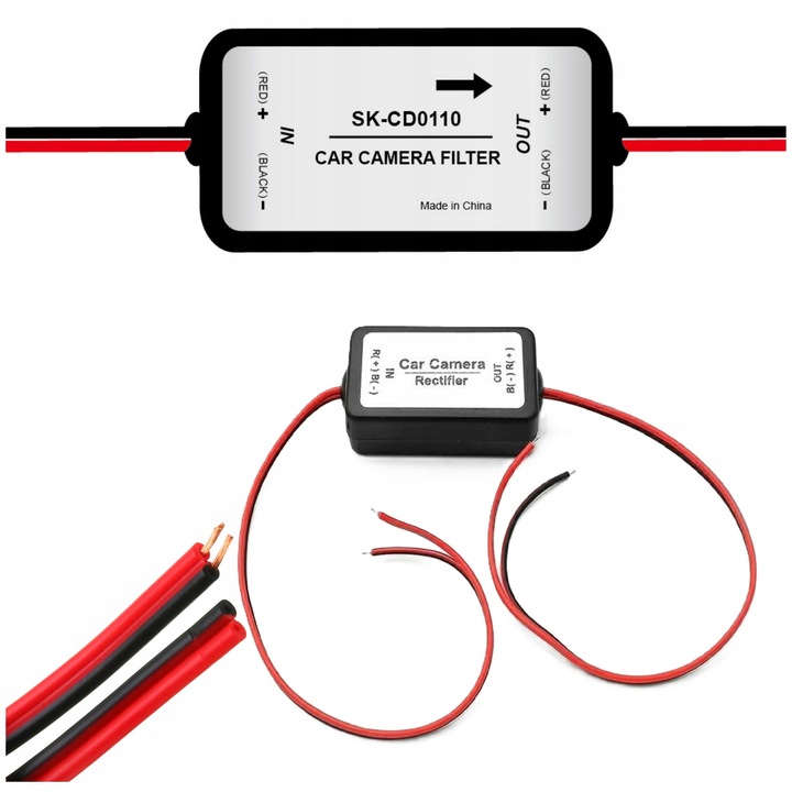 Stabilizátor szűrő tolatókamerához, Zola, 11-15 V, 30 cm hosszúság, VAG kompatibilis, 45 × 25 × 15 mm